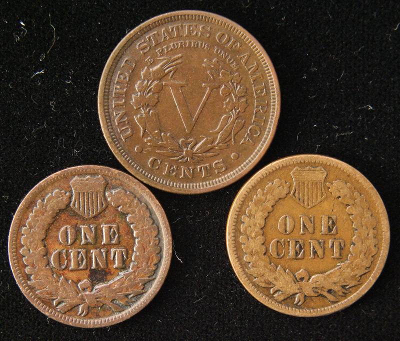lot 81 image: 3 COINS 1908 V NICKEL VF, 1902 & 1905 INDIAN HEAD CENTS G-VG