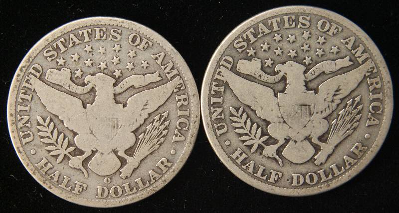 lot 85 image: 2 SILVER BARBER HALF DOLLARS 1902-O, 1912 GOOD