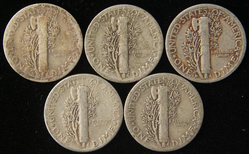 lot 97 image: GROUP OF 5 MERCURY SILVER DIMES
