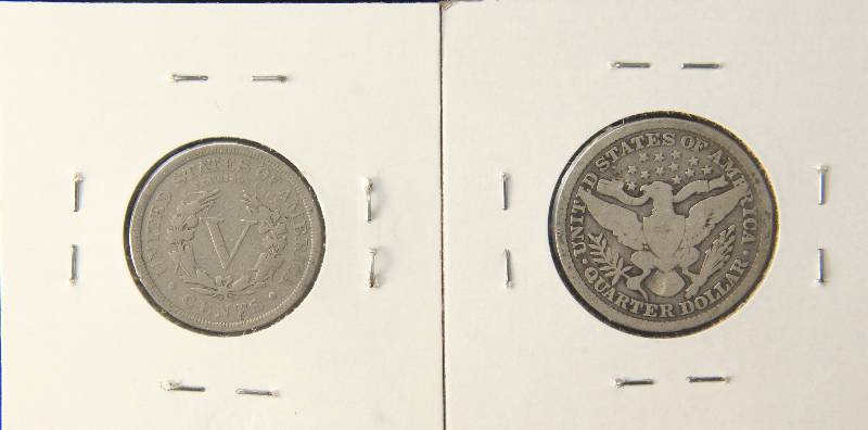 lot 99 image: 1895 BARBER QUARTER & 1906 V NICKEL FINE