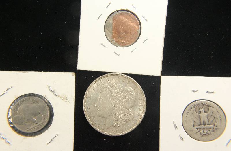 lot 107 image: 1921 MORGAN $1, 1934 25C, 1936 & 36S NICKELS