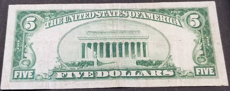 lot 26-A image: 1934 $5 US FEDERAL RESERVE NOTE KANSAS CITY MO