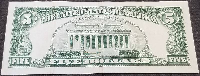 lot 36-A image: 1963 US RED SEAL $5 FEDERAL RESERVE NOTE SHARP & CRISP