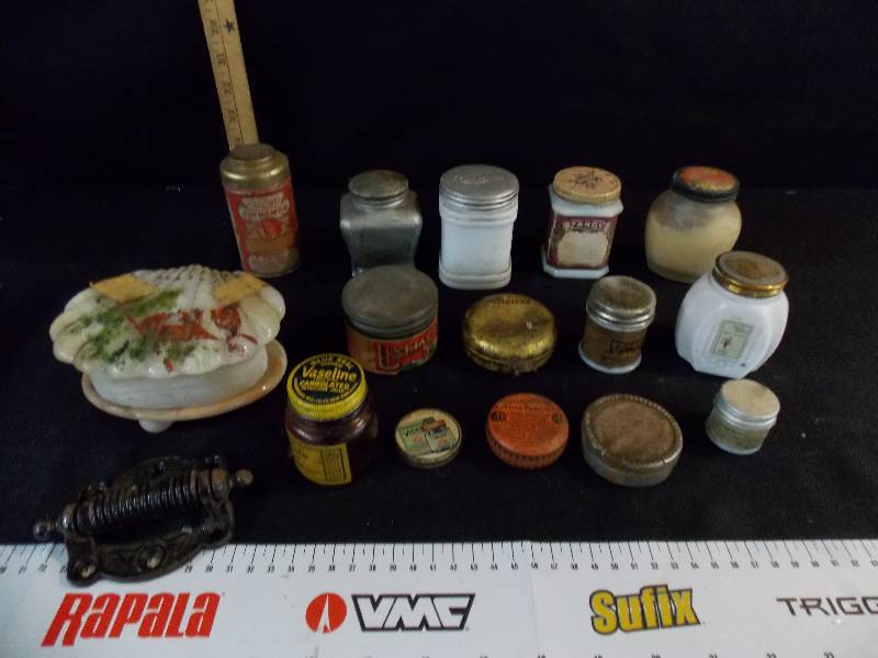 Various old Jars, tins and containers and one old swining door hinge