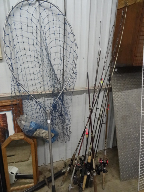 lot 67 image: Misc rods and reels. Fishing net. S...