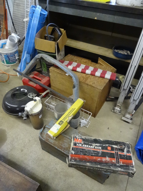 lot 77 image: Camp grill. Gas can. Tool box. Air ...