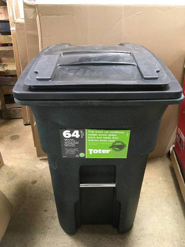 lot 2 image: Toter Wheeled Trash Can 64 Gal Polyethylene Granite, Green, Stone open box never used