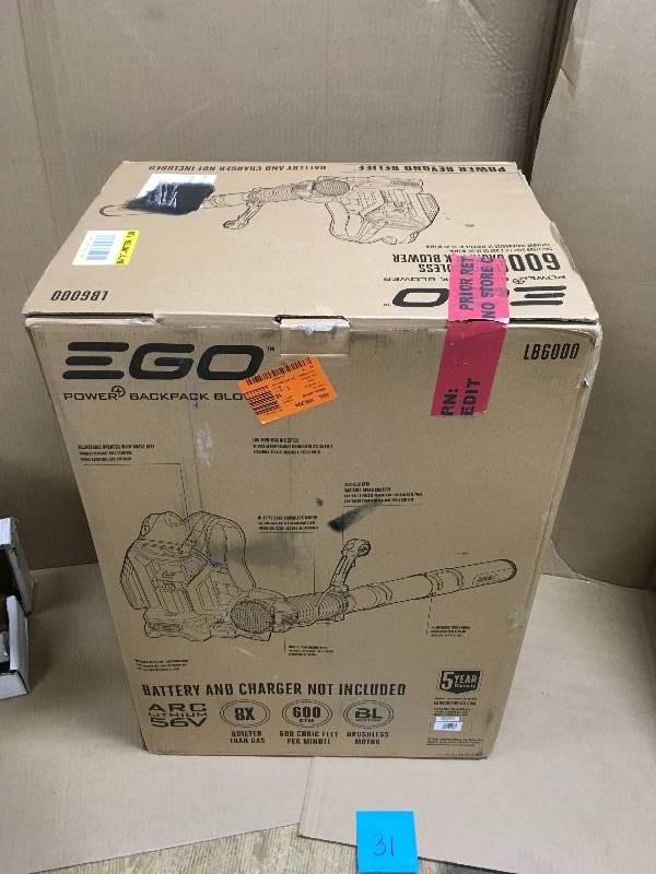 lot 31 image: EGO 145 MPH 600 CFM 56-Volt Lithium-Ion Cordless Electric Backpack Blower - Battery and Charger not included