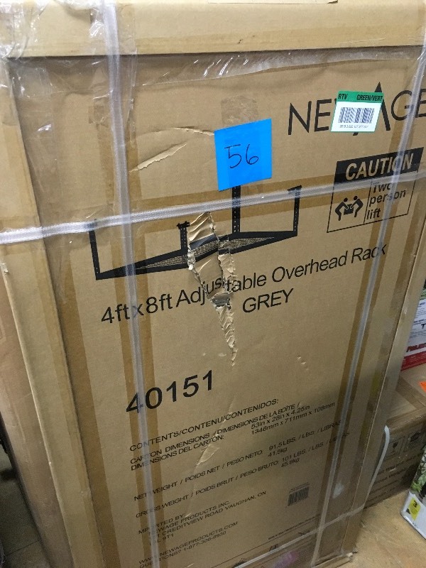 lot 56 image: New Age 4 ft x 8 ft adjustable overhead rack new Grey