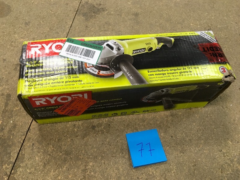 lot 77 image: Ryobi 7.5 Amp 4.5 in. Corded Angle Grinder