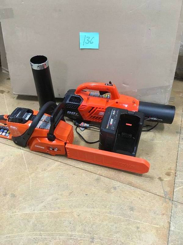 lot 73 image: Lot of  ECHO 16 in. 58-Volt Brushless Lithium-Ion Cordless Chainsaw and  ECHO 145 MPH 550 CFM Variable-Speed Turbo 58-Volt Brushless Lithium-Ion Cordless Blower only one Battery and Charger Included