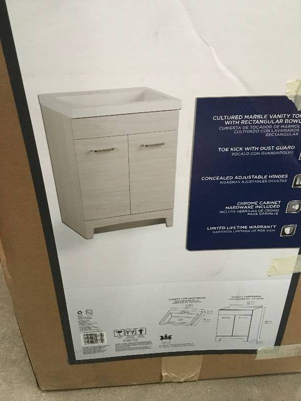 lot 2 image: Glacier Bay Cultured Marble Vanity Top with Rectangular Bowl  24.5 in W x 18.7 in D x 34.3 in. H in White open  box never used
