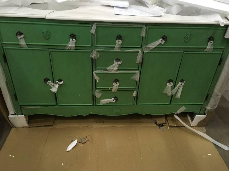 lot 24 image: Home Decorators Collection Keys Double Vanity Aquamarine vanity only whit small damage