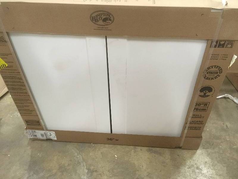 lot 31 image: Hampton Bay Shaker Assembled 36x30x12 in. Wall Kitchen Cabinet in Satin White open  box never used
