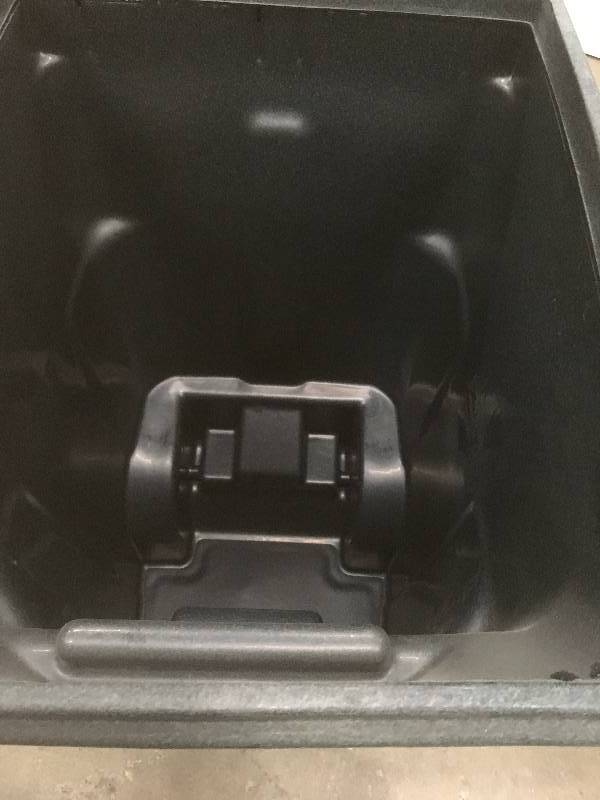lot 41 image: Toter Wheeled Trash Can 64 Gallon Polyethylene Granite, Green, Stone open  box never used
