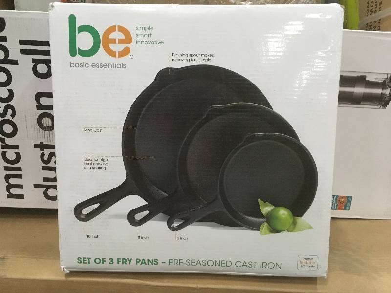 lot 43 image: Basic Essentials Pre-Seasoned Cast Iron Fry Pans Set of 3 NEW