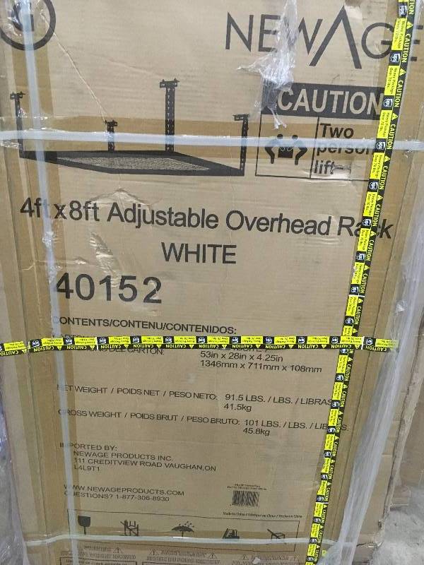 lot 51 image: NewAge 4 ft. x 8ft. Adjustable Overhead Rack - White open  box never used