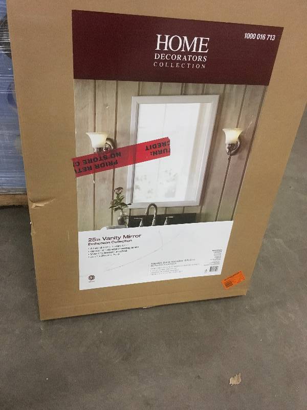 lot 53 image: Home Decorator Collection Emberson 34 in. L x 25 in W Framed Vanity Wall Mirror in White open  box never used