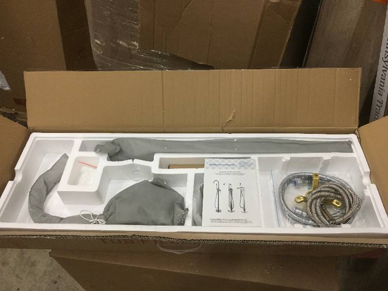 lot 55 image: AKDY 1-Handle Freestanding Floor Mount Roman Tub Faucet Bathtub Filler with Hand Shower in Chromer (Grey) open  box never used