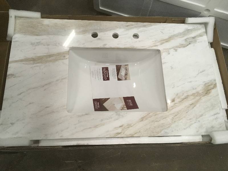 lot 59 image: Home Decorators Collection 37 in. W Marble Single Basin Vanity Top in Arabescato Venato with White Basin open  box never used