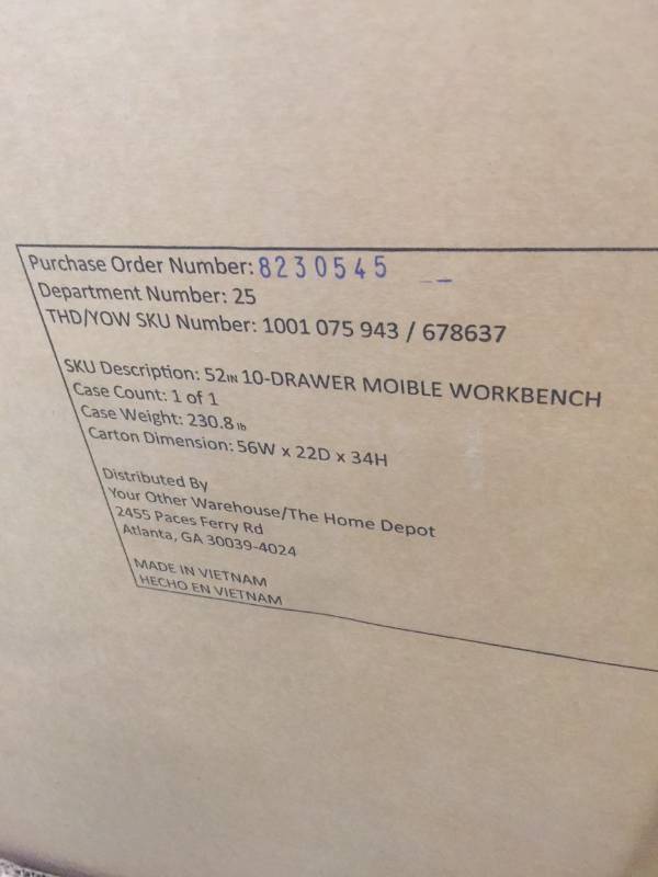 lot 61 image: Husky 52 in. 10-Drawer Mobile Workbench with Solid Wood Top, Black open box never used
