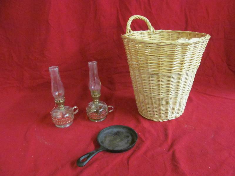 lot 133 image: cast iron skillet, lanterns, basket