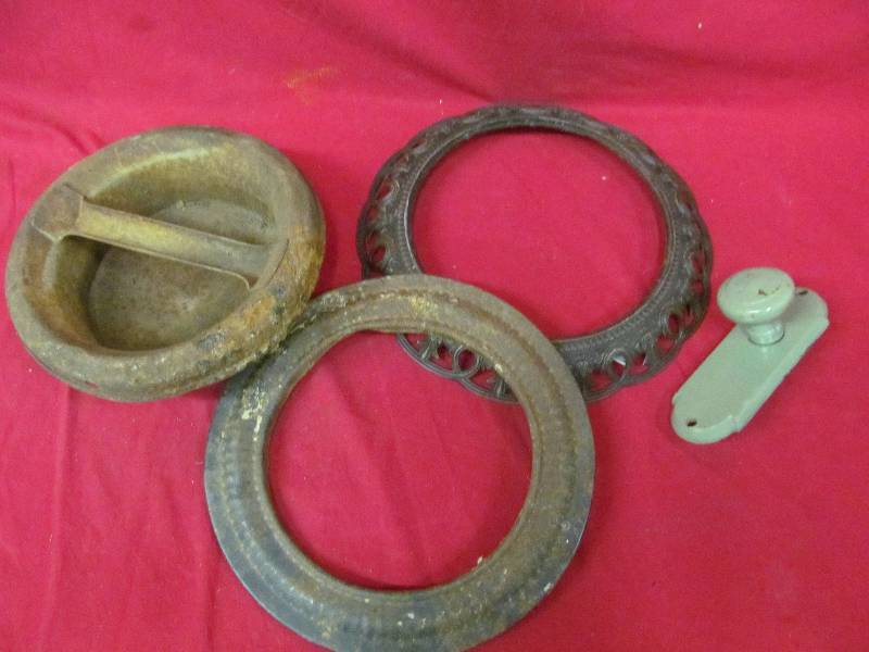 lot 2 image: vintage cream can lid, chimney covers, doorknob