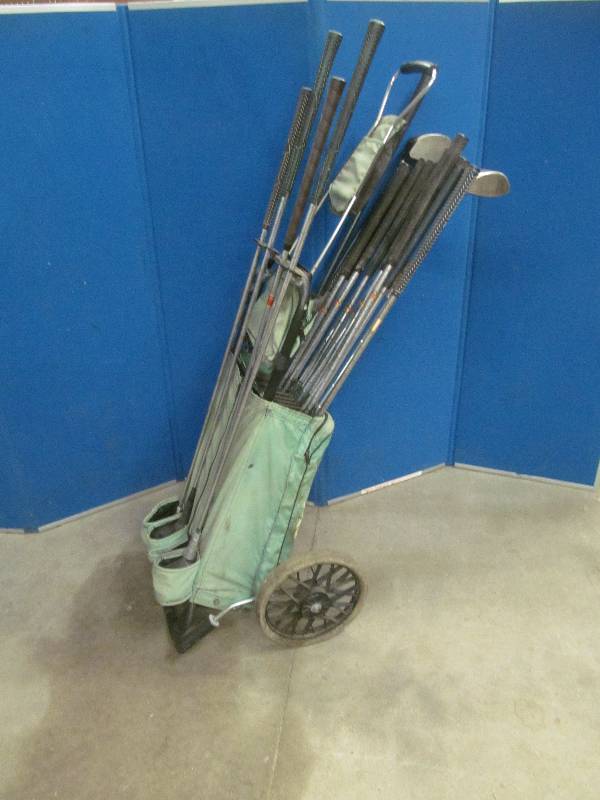 lot 119 image: vintage golf bag cart with clubs