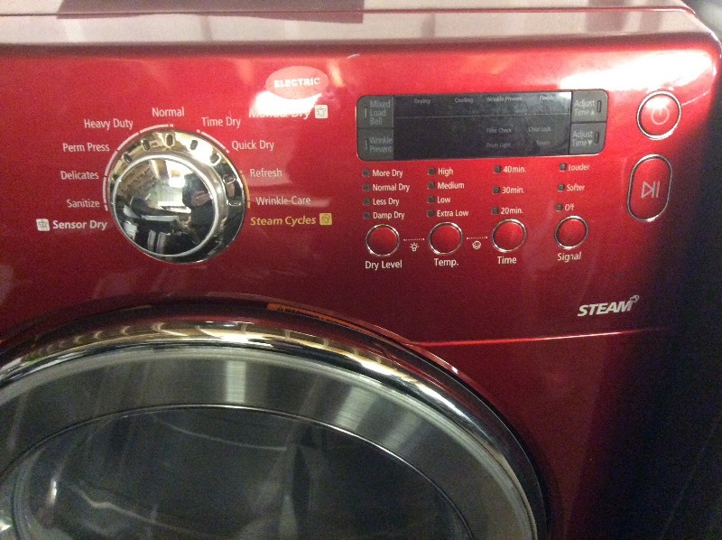 lot 24 image: Samsung Red Front Load Electric Dryer With Steam