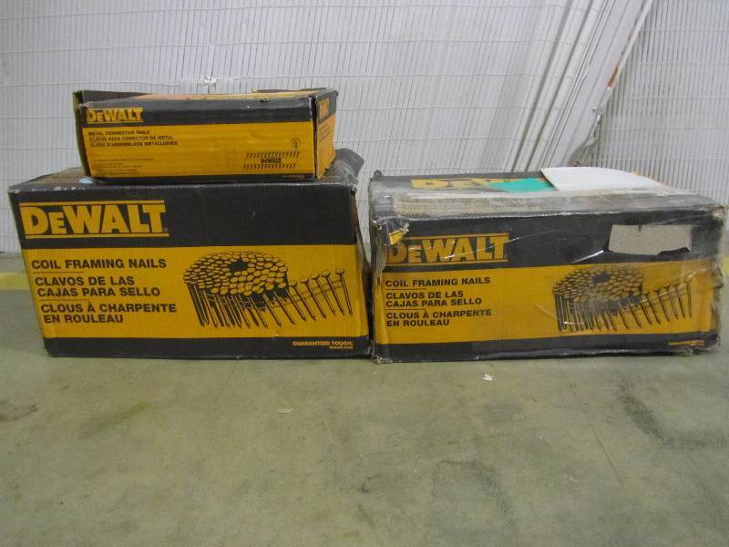 lot 14 image: Dewalt 2-12 in. x 0.099 in. Galvanized Metal Coil Nails 3600 per Box, Dewalt 1-12 in. x 0.131 in. Metal Connecting Nails 2000 per Box Dewalt 3-14 in. x 0.120 in. Galvanized Metal Coil Nails 2700 per Box