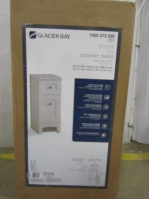 lot 38 image: Glacier Bay Delridge 12.13 in. W x 14.50 in. D x 29.27 in. H Vanity in White with Cultured Marble Vanity Top in White