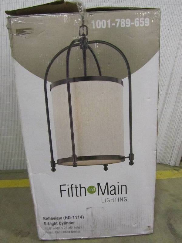 lot 54 image: Fifth and Main Lighting 5-Light Oil-Rubbed Bronze Cylinder Pendant with Beige Linen Shade