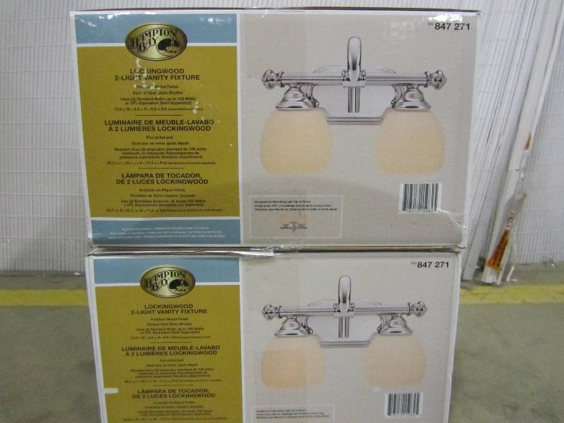 lot 55 image: Hampton Bay Locking Wood 2 Light Polished 9.25h x 13.625w Polished Nickel (x2)
