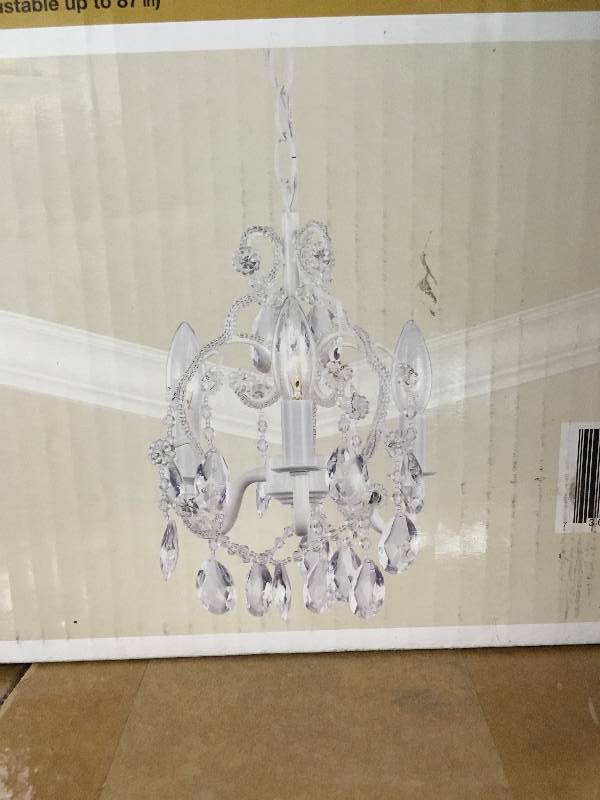 Hampton Bay 3-Light White Mini Chandelier with Crystal Drops and Crystal Bead Strands open box never used