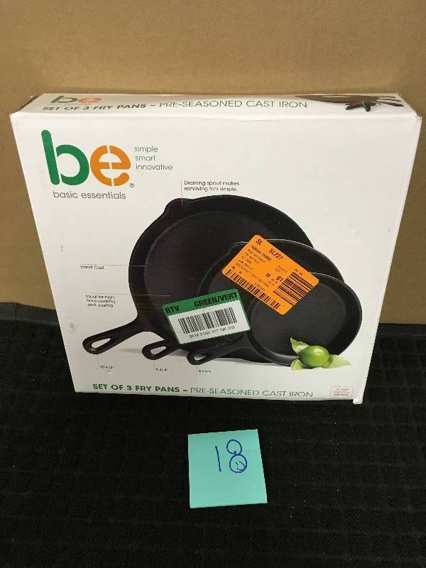 Basic Essentials Pre-Seasoned Cast Iron Fry Pans - Set of 3 open box never used