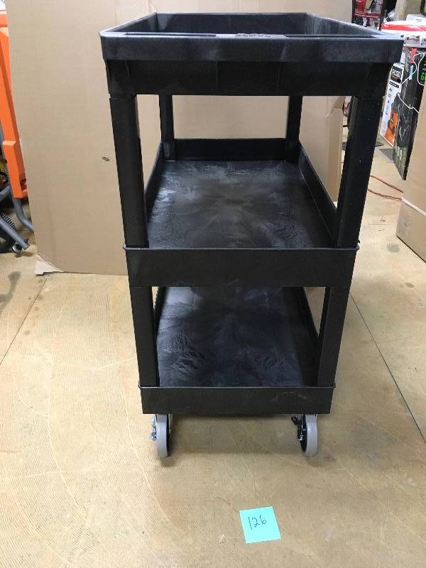 Luxor 24 in. x 48 in. 3 Tub Shelf Plastic Cart, 4 in. Casters in Black open box never used