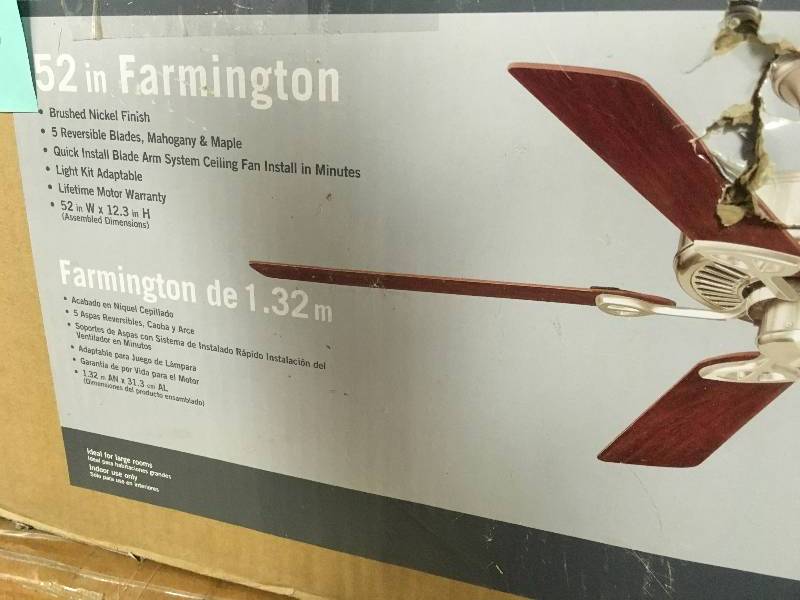 Farmington 52 in. Indoor Burshed Nickel Ceiling Fan open box never used