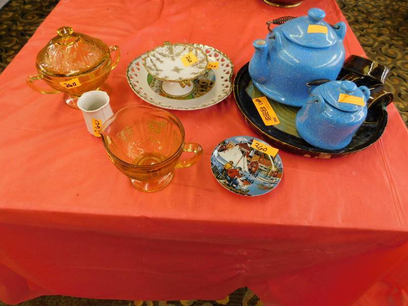 DECORATIVE DISHES, TEA POT, CREAM AND SUGAR SET AND PLATES