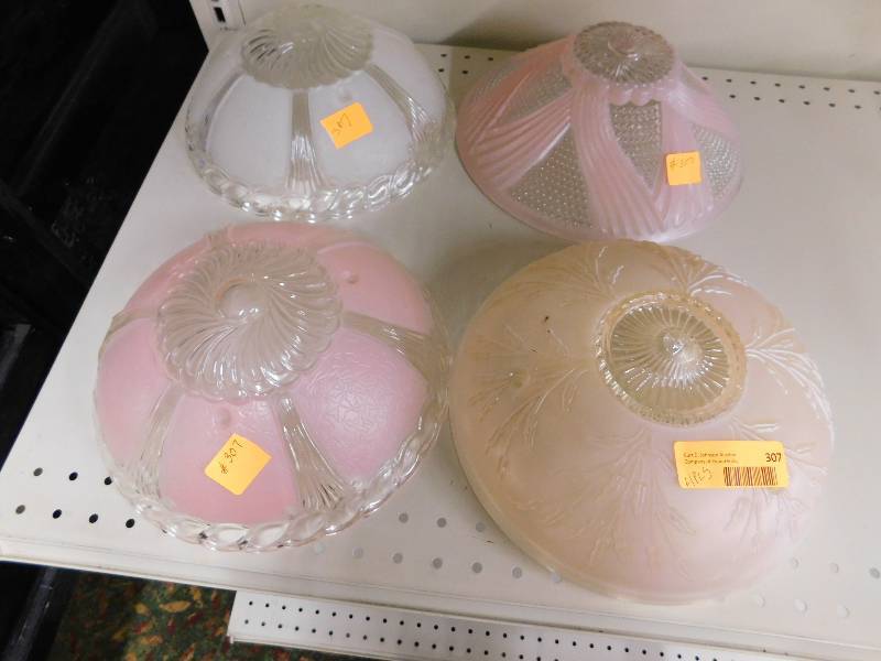 FOUR VINTAGE LIGHT FIXTURE SHADES, PINK AND WHITE
