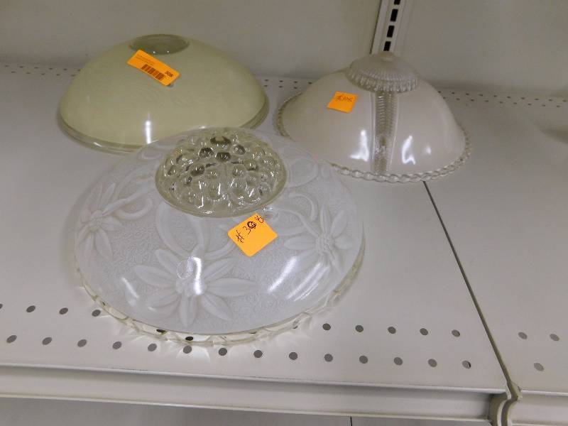 THREE VINTAGE LIGHT FIXTURE SHADES, WHITECLEAR, GREENISH