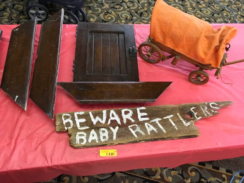 WOOD FRAME PIECES, BEWARE OF BABY RATTLERS SIGN, SMALL COVERED WAGON