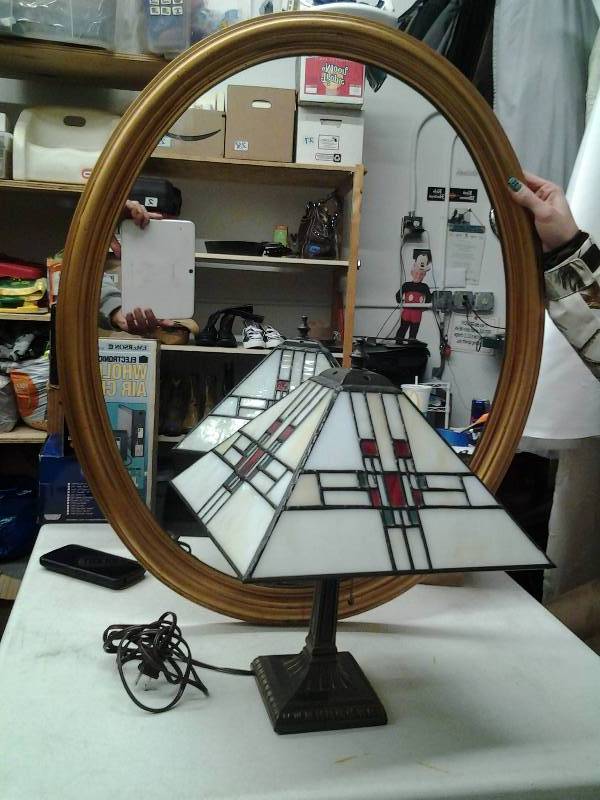 lot 30 image: Oval Shape Mirror, Fancy Lamp With Glass Shade