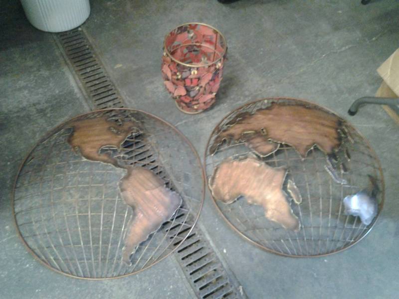 lot 32 image: 2-Piece Metal Wall SculptureGlobe, Metal Trash Can With Butterfly Detail (copper hues)