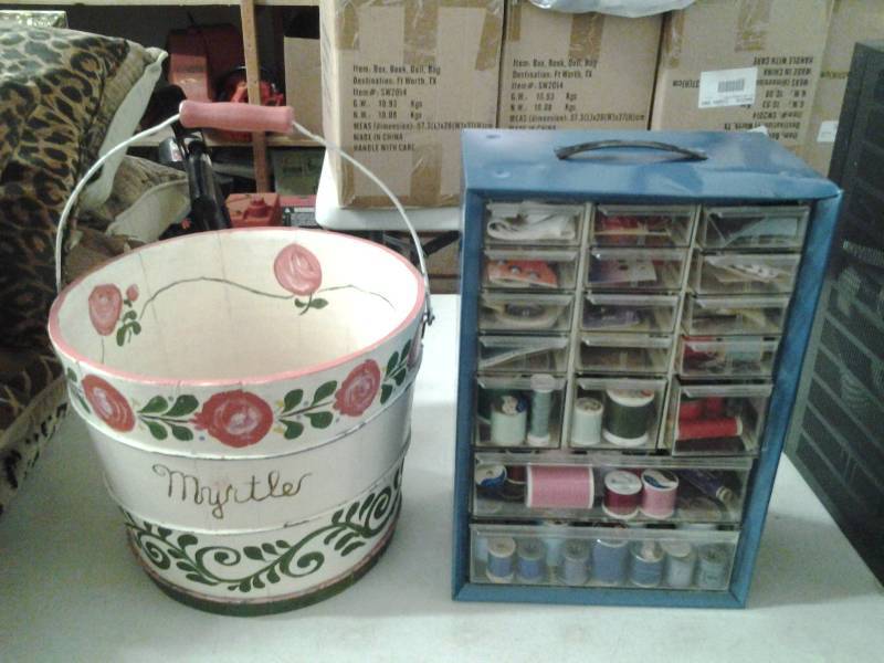 lot 34 image: Painted Wood Bucket, Organizer Cabinet Full Of Sewing Related