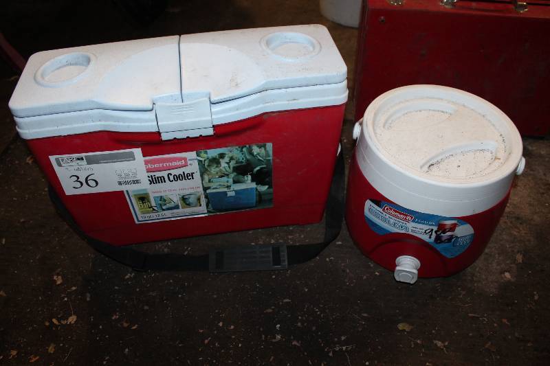 lot 36 image: 2 Coolers, 1 Slim with 12 Can Capacity and 1 Coleman 2 Gallon Beverage Cooler