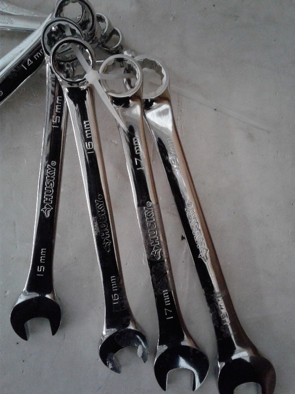 10 piece Huskey Wrenches- 19mm, 17mm, 16mm, 15mm, 14mm, 13mm, 12mm, 11mm, 10mm, and 8mm.