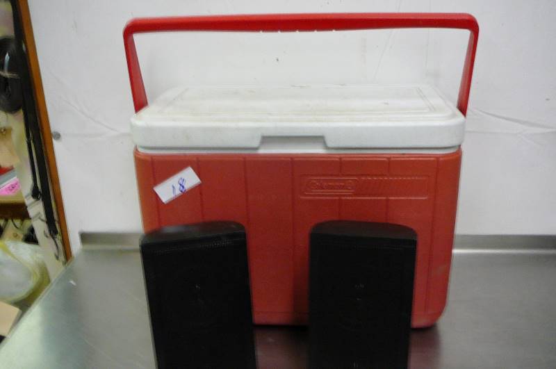lot 18 image: Pair of 4 Speakers & Coleman Cooler
