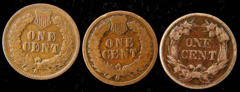 GROUP OF 3 CENTS 1898, 1900 INDIAN CENT, 1857 FLYING EAGLE