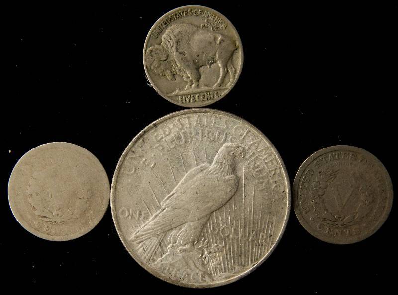 GROUP OF 4 COINS 1923 PEACE DOLLAR, 1895 & 1909 V NICKELS, 1935 BUFFALO NICKEL
