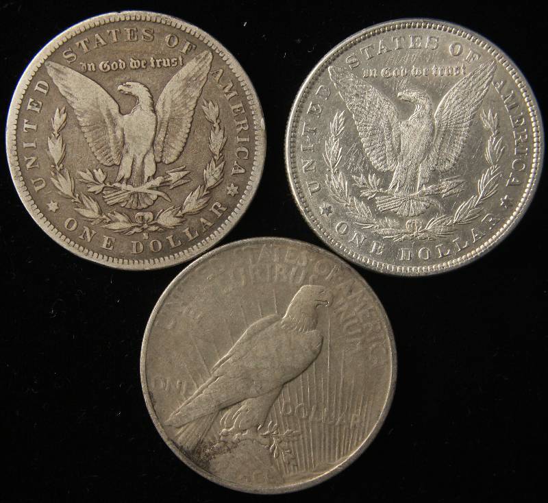 3 SILVER DOLLARS 1879, 1882-S MORGAN & 1926-D PEACE